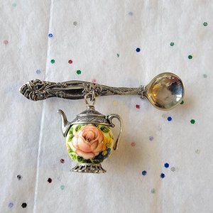 FANCY STERLING SILVER SPOON PIN W/ JAPANESE PINK ROSE TENSHA BEAD TEAPOT DANGLE
